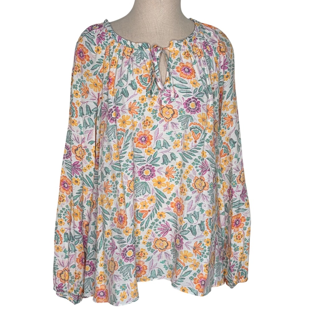 LC Lauren Conrad Blouse XL White Floral Boho Keyhole Tie Long Sleeve Peasant Top